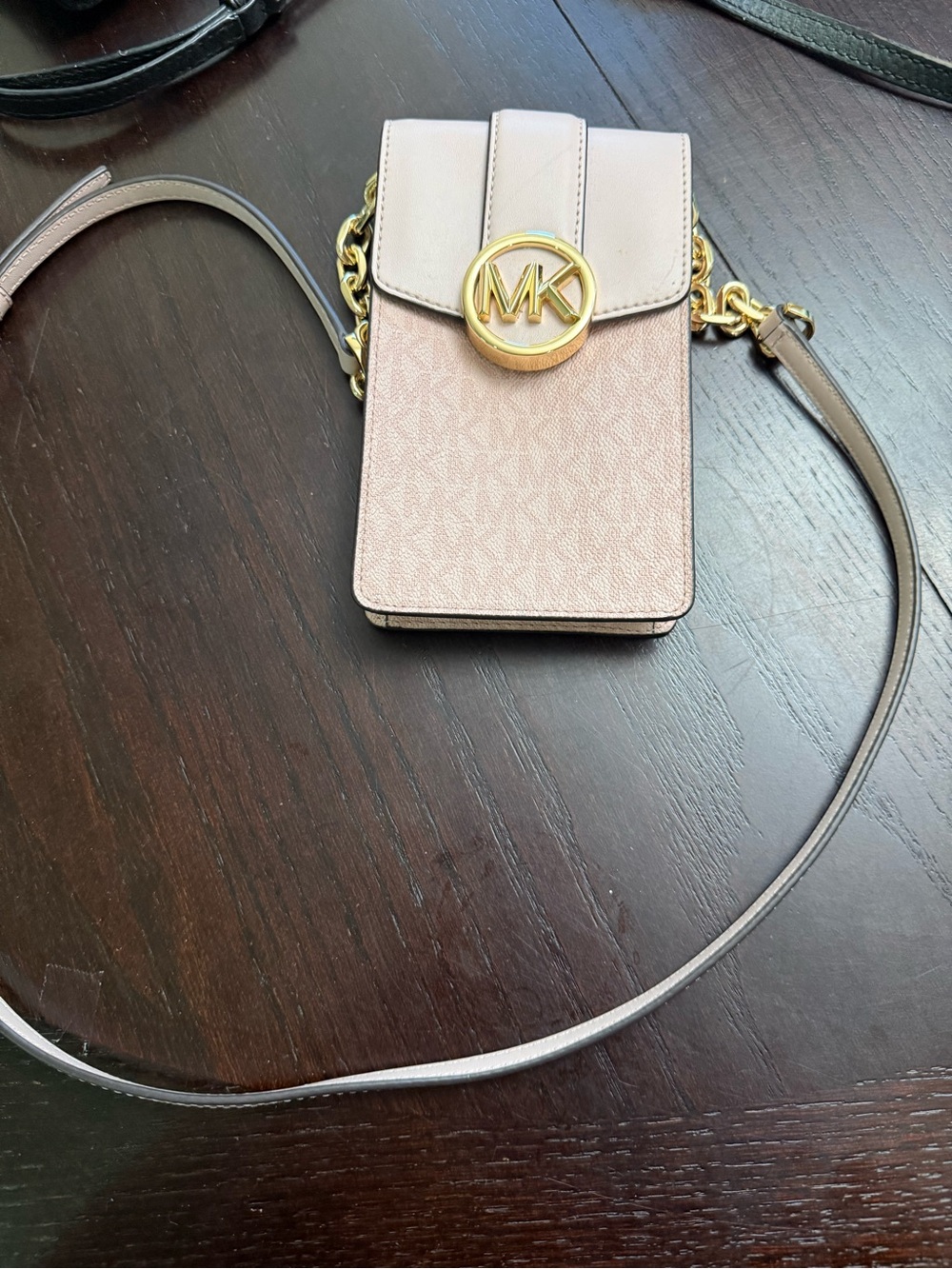 Michael Kors Light Pink Crossbody Phone Pouch with Gold MK Accent used once.